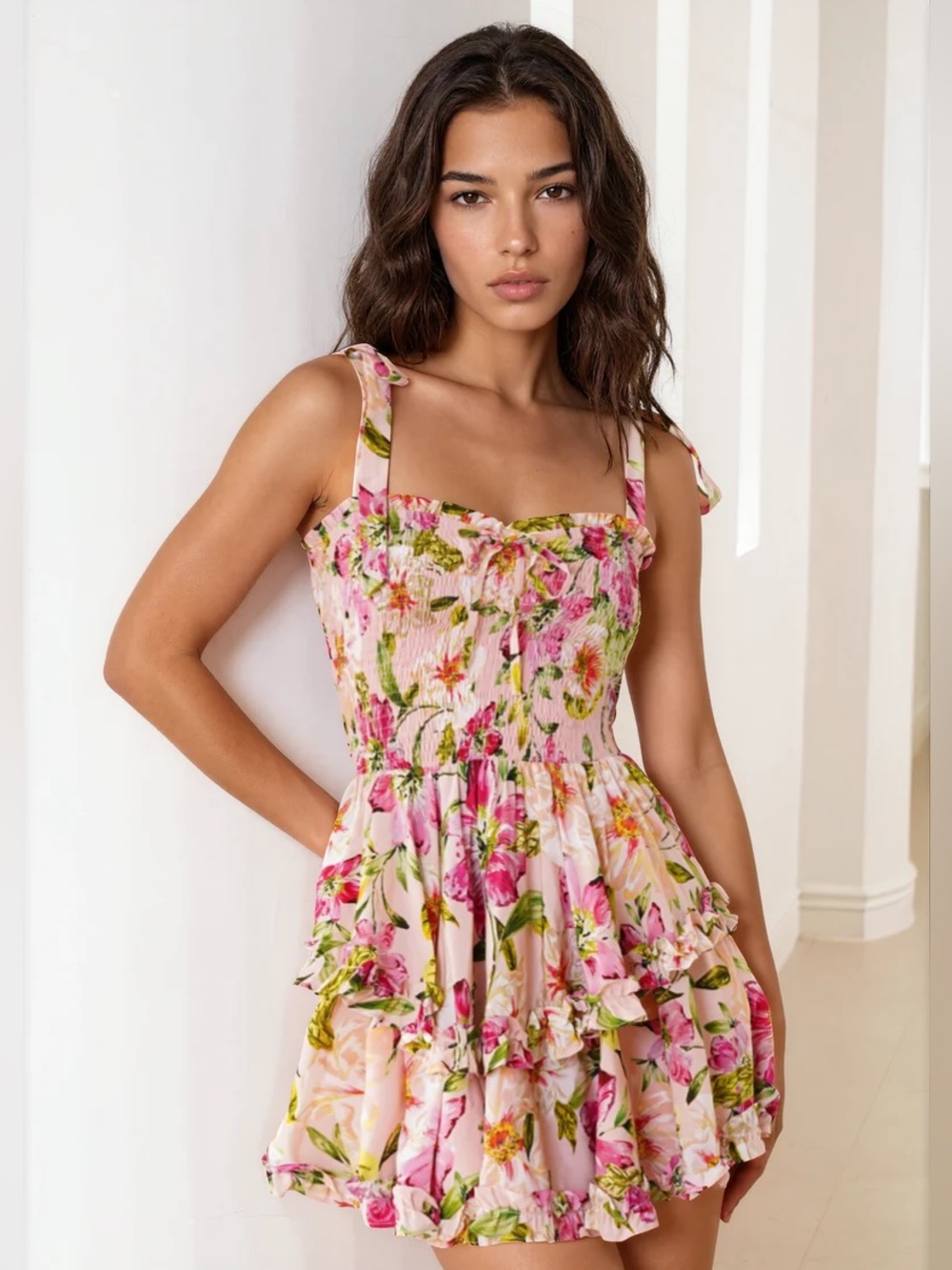 Yumi Kim Elise Floral Mini Dress Glamour Garden Blush Smocked Tie Shoulder M